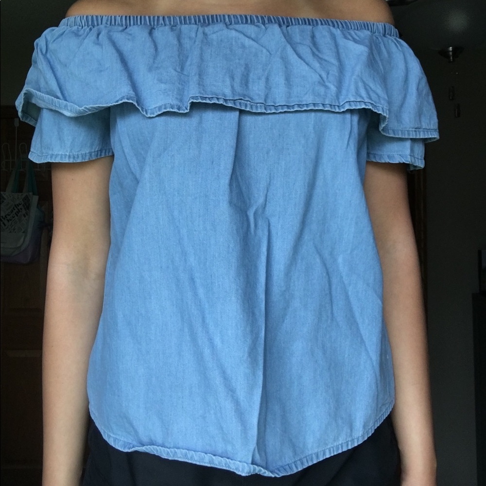 off the shoulder blue shirt